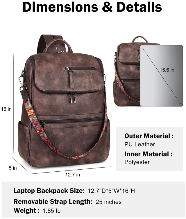 Alt view image 7 of 10 - FADEON Laptop Backpack for Women Leather Travel Backpack with Laptop Compartment, Designer Ladies Computer Backpacks Coffee