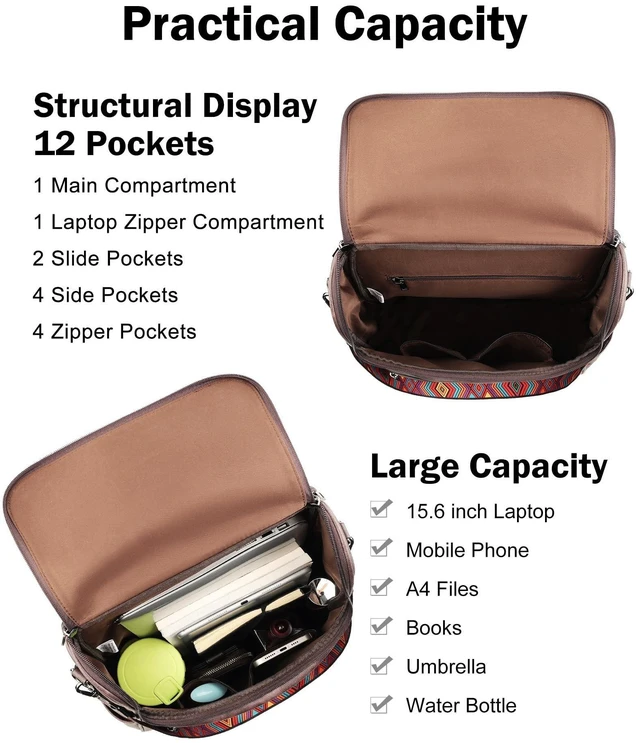 Alt view image 9 of 10 - FADEON Laptop Backpack for Women Leather Travel Backpack with Laptop Compartment, Designer Ladies Computer Backpacks Coffee