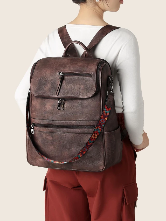 Alt view image 10 of 10 - FADEON Laptop Backpack for Women Leather Travel Backpack with Laptop Compartment, Designer Ladies Computer Backpacks Coffee
