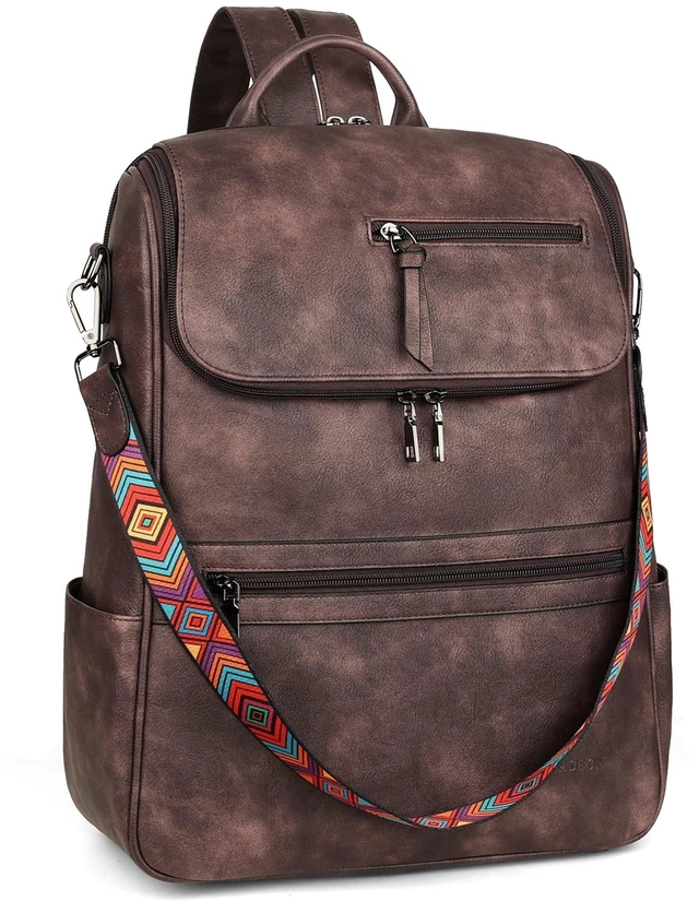 Alt view image 6 of 10 - FADEON Laptop Backpack for Women Leather Travel Backpack with Laptop Compartment, Designer Ladies Computer Backpacks Coffee