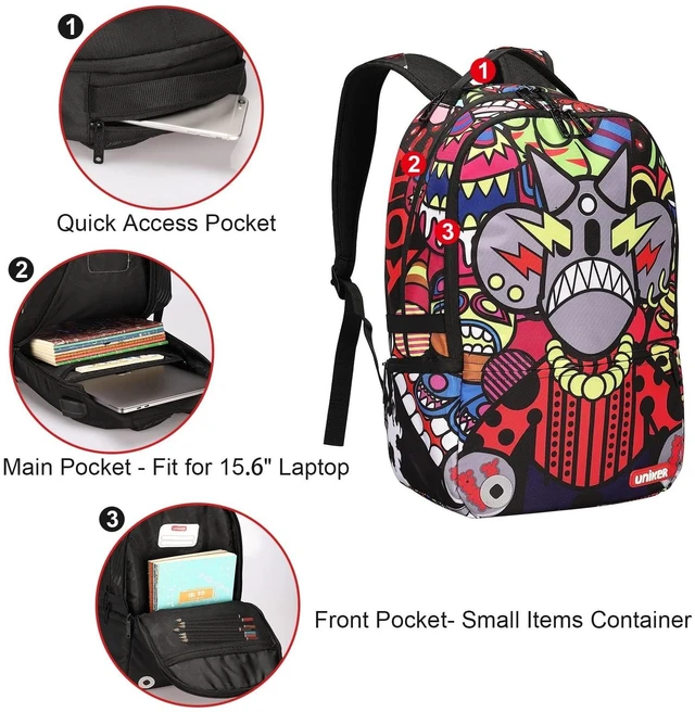Alt view image 9 of 10 - UNIKER Graffiti School Backpack for Teen Boys, 15.6 Inch Laptop Backpack with USB Charging Port, College Backpack with Reflective Straps for Safety