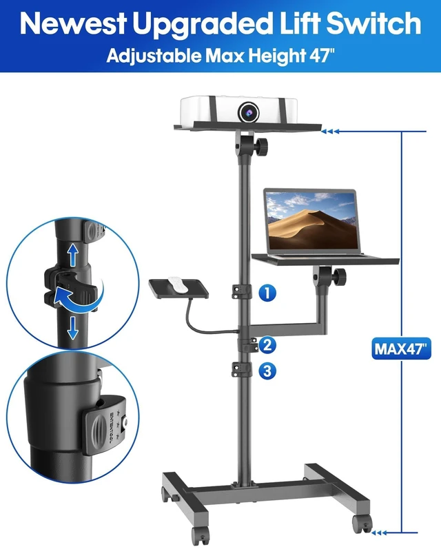 Alt view image 8 of 10 - ORWOD Projector and Laptop Stand Tripod, 2 Shelves Mobile Laptop Tripod Stand, Max 47" Height Adjustable Laptop Cart on Wheels, Projector Floor Stand with Ventilated Tray for Podium, Meeting, Couch