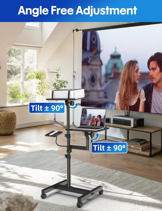 Alt view image 7 of 10 - ORWOD Projector and Laptop Stand Tripod, 2 Shelves Mobile Laptop Tripod Stand, Max 47" Height Adjustable Laptop Cart on Wheels, Projector Floor Stand with Ventilated Tray for Podium, Meeting, Couch
