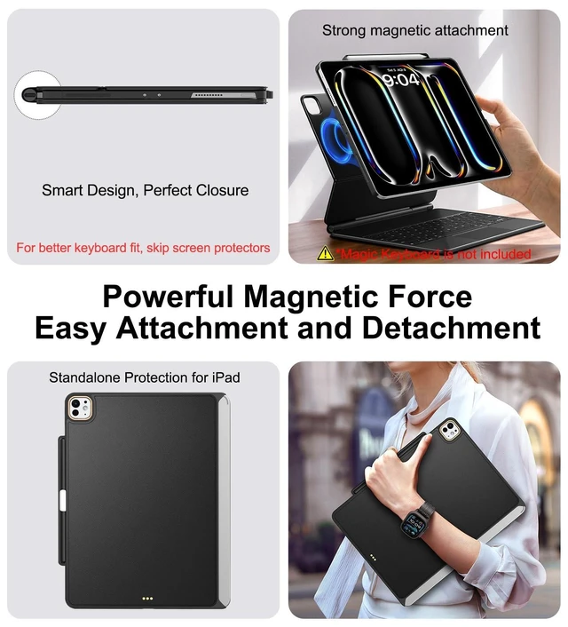 Alt view image 10 of 10 - Magic-Keyboard Compatible Case for iPad Pro 13 inch M4/M5 2024/2025, Cover with Apple Pencil Holder for Smart MagicKeyboard Folio Slim Durability, Durable Leather Surface, Keyboard Not Included, Black