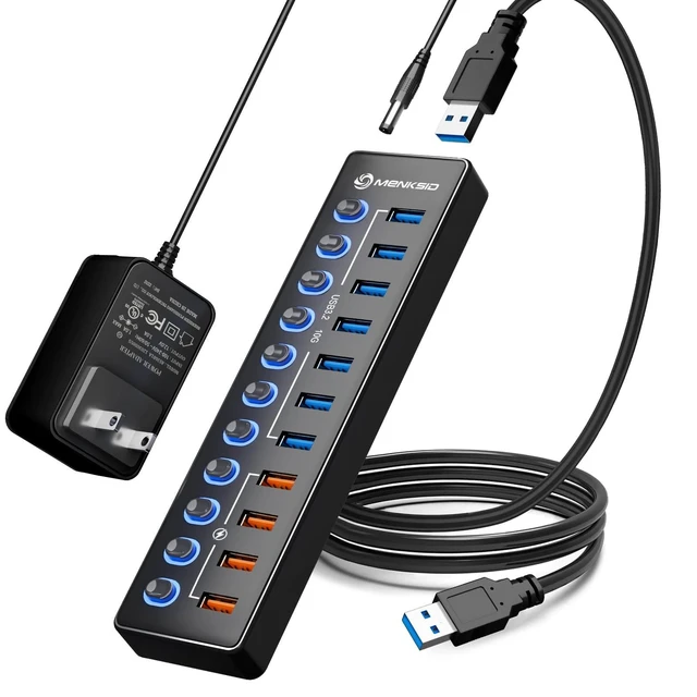 Alt view image 6 of 10 - Powered USB Hub, MENKSID 11-Port USB Hub, 7 USB 3.2 Data Transfer Ports + 4 Smart Charging Ports, Independent Switch (with LED Power Indicator), USB 3.2 Hub Powered with Power Adapter for Mac, PC