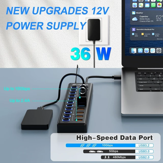 Alt view image 8 of 10 - Powered USB Hub, MENKSID 11-Port USB Hub, 7 USB 3.2 Data Transfer Ports + 4 Smart Charging Ports, Independent Switch (with LED Power Indicator), USB 3.2 Hub Powered with Power Adapter for Mac, PC