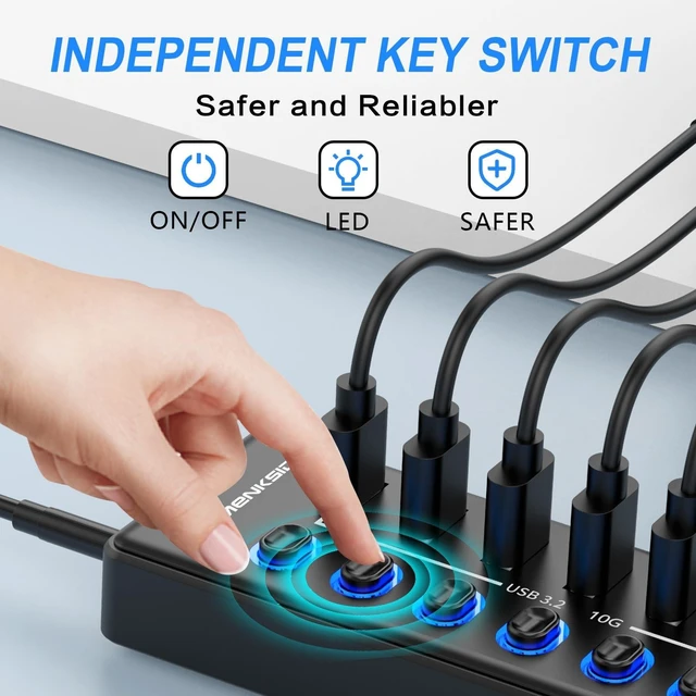 Alt view image 10 of 10 - Powered USB Hub, MENKSID 11-Port USB Hub, 7 USB 3.2 Data Transfer Ports + 4 Smart Charging Ports, Independent Switch (with LED Power Indicator), USB 3.2 Hub Powered with Power Adapter for Mac, PC