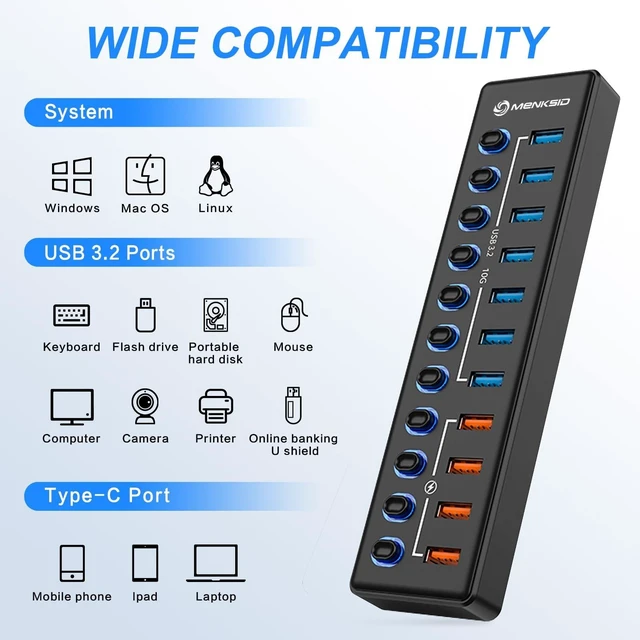 Alt view image 9 of 10 - Powered USB Hub, MENKSID 11-Port USB Hub, 7 USB 3.2 Data Transfer Ports + 4 Smart Charging Ports, Independent Switch (with LED Power Indicator), USB 3.2 Hub Powered with Power Adapter for Mac, PC