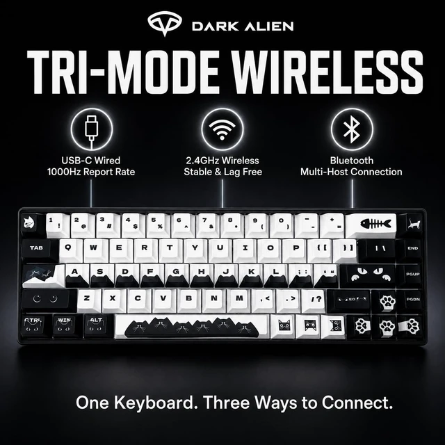 Alt view image 9 of 10 - DARK ALIEN ^^ Wild Meow Mechanical Gaming Keyboard, 68-Key Tri-Mode Wireless, Hot-Swap RGB, Gasket Mount, Bluetooth/2.4GHz/USB-C, 4000mAh Battery, a Brand by Twakle