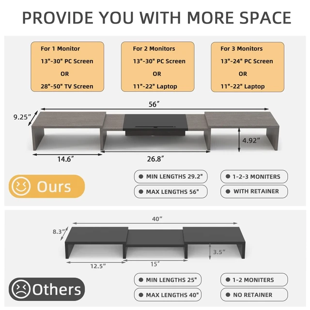 Alt view image 9 of 10 - WESTREE Triple Dual Monitor Stand Riser, 56" Extra Long Monitor Stand for 1~2~3 Monitors, Monitor Stand with Length and Angle Adjustable, 3 Shelf Desktop Organizer Riser for Monitor Computer Laptop