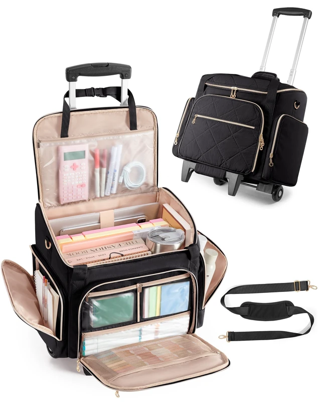 Alt view image 6 of 10 - Marscamd Rolling Teacher Bag with 15.6" Laptop Compartment, Wheeled Work Briefcase Tote with Detachable Trolley for Women, Black