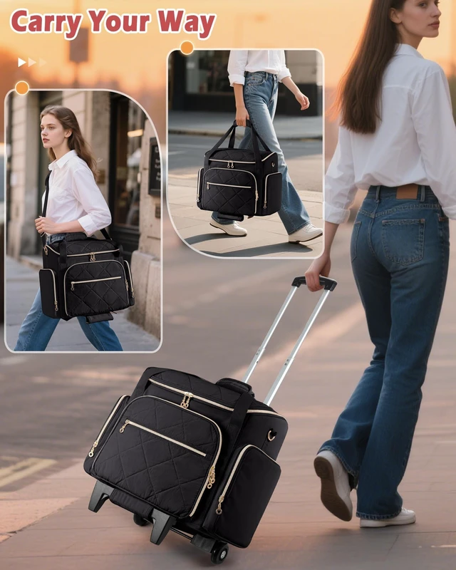 Alt view image 9 of 10 - Marscamd Rolling Teacher Bag with 15.6" Laptop Compartment, Wheeled Work Briefcase Tote with Detachable Trolley for Women, Black