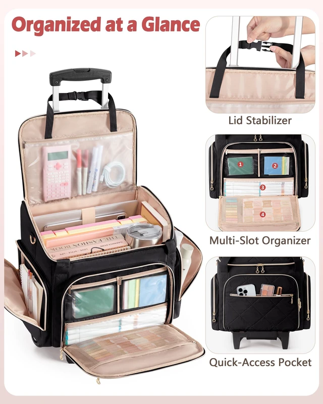 Alt view image 7 of 10 - Marscamd Rolling Teacher Bag with 15.6" Laptop Compartment, Wheeled Work Briefcase Tote with Detachable Trolley for Women, Black
