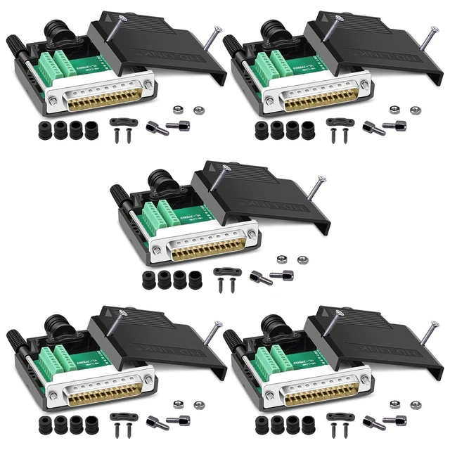 Alt view image 6 of 10 - ANMBEST 5PCS DB25 Solderless Connector, RS232 D-SUB Serial to 25-pin Port 16mm Thinner Terminal Male Adapter Breakout Board with Case Long Bolts Nuts