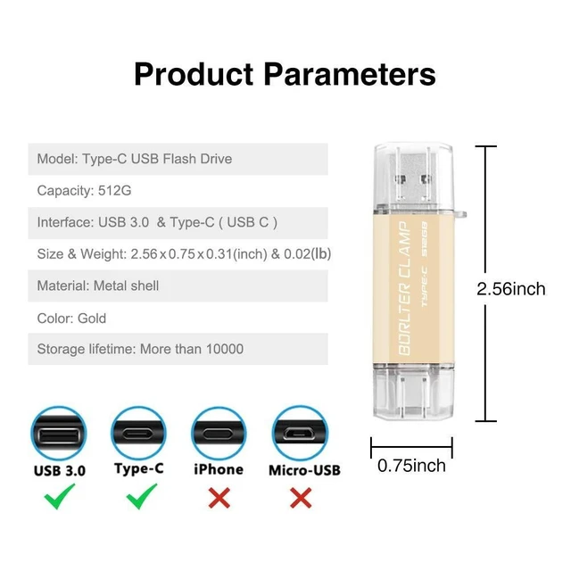 Alt view image 8 of 10 - 512GB USB 3.0 Type C Flash Drive Dual Port, BorlterClamp USB C Memory Stick OTG Thumb Drives for Android Smartphones Samsung Galaxy S10/S9/S8/Note 9, LG, Google Pixel, PC (Gold)