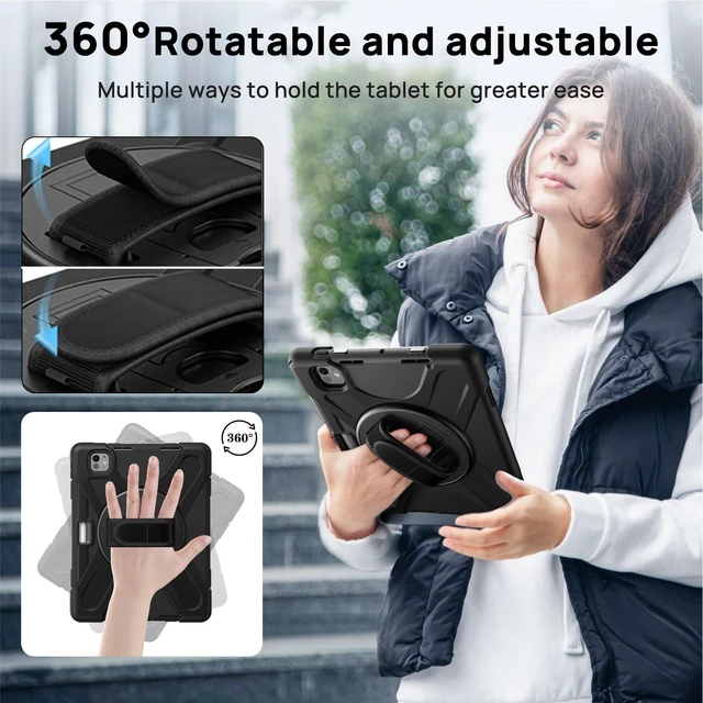 Alt view image 10 of 10 - Gerutek Case for iPad Pro 13 inch Case M5 2025 / M4 2024, Full Body Drop Protective with Screen Protector, Rotating Stand, Hand/Shoulder Strap, Pencil Holder, Cover for iPad Pro 13" 8th/7th Gen, Black