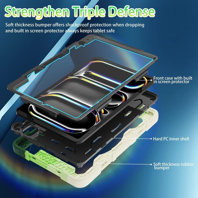 Alt view image 8 of 10 - ROSROME for 2024 iPad Pro 11 Inch Case M4 5th Generation for Kids (Model A2836, A2837, A3006) with HD Screen Protector, Shoulder Strap, 360 Stand, Hand Strap, Pen Holder^^15ft Drop Protection^^