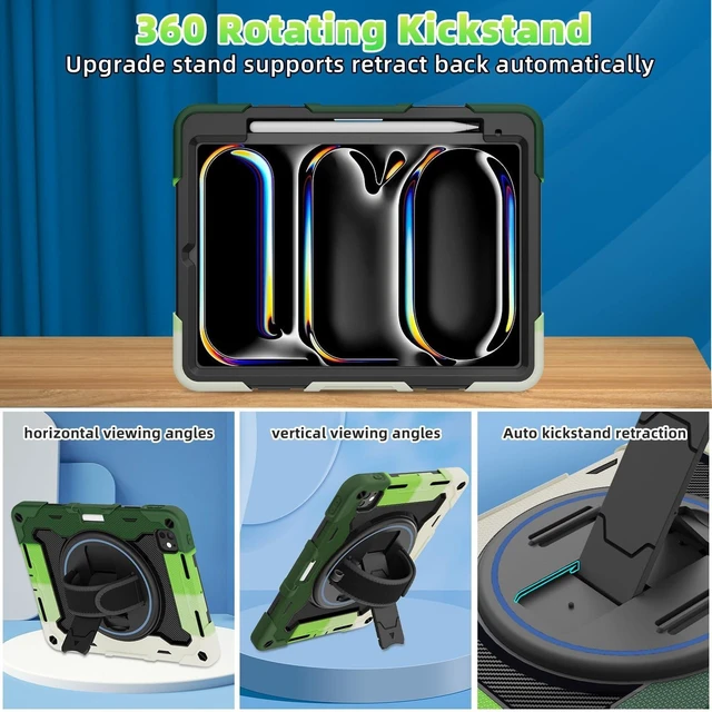 Alt view image 10 of 10 - ROSROME for 2024 iPad Pro 11 Inch Case M4 5th Generation for Kids (Model A2836, A2837, A3006) with HD Screen Protector, Shoulder Strap, 360 Stand, Hand Strap, Pen Holder^^15ft Drop Protection^^