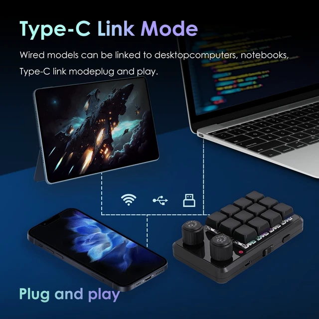 Alt view image 8 of 10 - 12-Key Macro Pad Programmable Mini Mechanical RGB OSU Knob Wireless Type-C