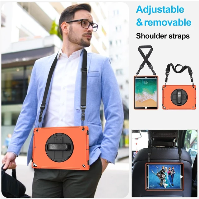 Alt view image 10 of 10 - Case for iPad Pro 12.9 2nd Generation 2017 & 2015 1st Generation, Heavy Duty Rugged Shockproof Protective Cover w/ 360 Rotatable Stand + Handle Hand & Shoulder Strap + Pencil Holder-Orange