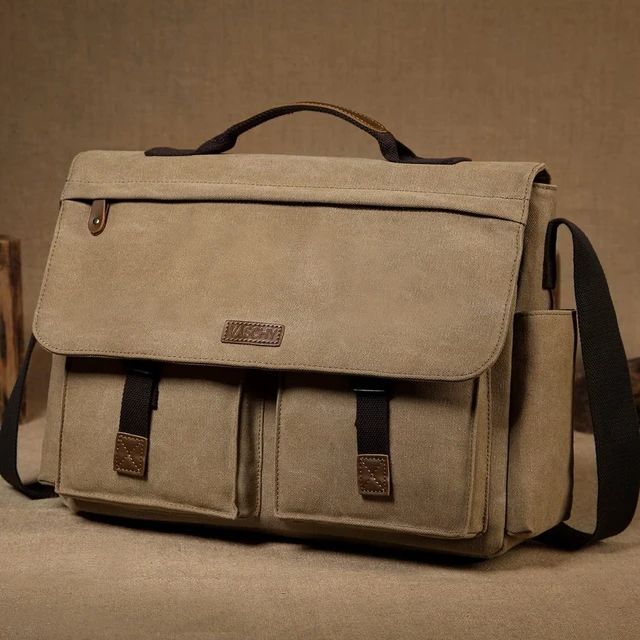 Alt view image 8 of 10 - Messenger Bag for Men, VASCHY Vintage Water Resistant Waxed Canvas Satchel 15.6 inch Laptop Briefcase Shoulder Bag with Padded Shoulder Strap Camel