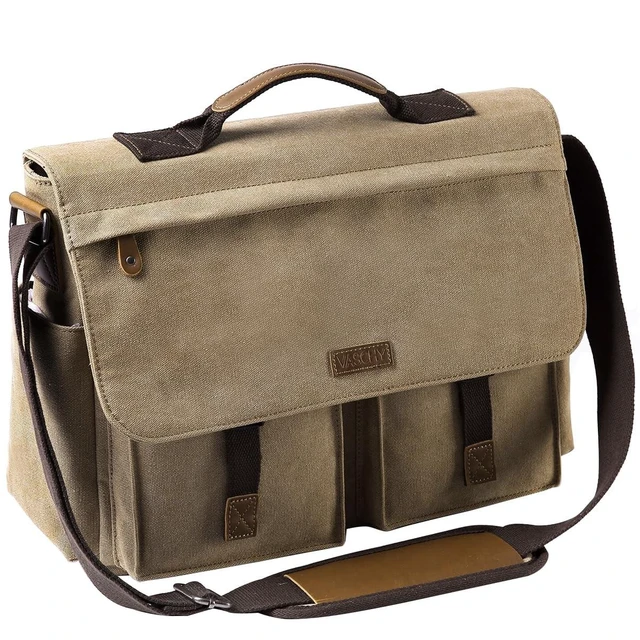Alt view image 6 of 10 - Messenger Bag for Men, VASCHY Vintage Water Resistant Waxed Canvas Satchel 15.6 inch Laptop Briefcase Shoulder Bag with Padded Shoulder Strap Camel