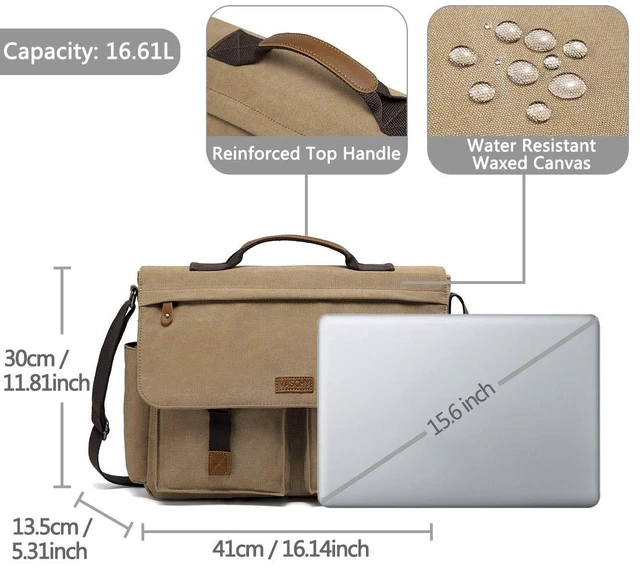 Alt view image 10 of 10 - Messenger Bag for Men, VASCHY Vintage Water Resistant Waxed Canvas Satchel 15.6 inch Laptop Briefcase Shoulder Bag with Padded Shoulder Strap Camel