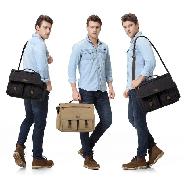 Alt view image 7 of 10 - Messenger Bag for Men, VASCHY Vintage Water Resistant Waxed Canvas Satchel 15.6 inch Laptop Briefcase Shoulder Bag with Padded Shoulder Strap Camel