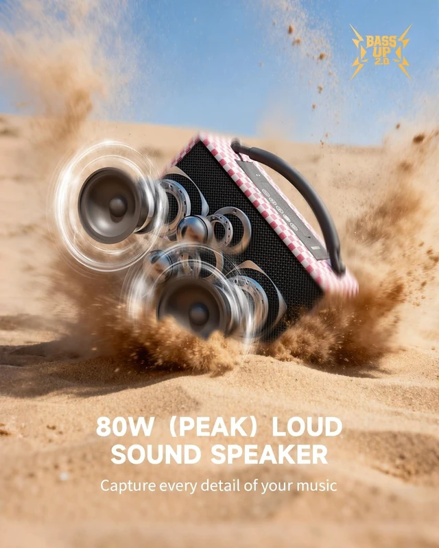 Alt view image 7 of 10 - DINDIN Portable Bluetooth Speaker 80W (Peak), 20H Playtime, Wireless Big Wood Boombox with Deep Bass, Subwoofer, TWS, Large, Loud Speaker for Party, Outdoor, Backyard, Beach, Home,GiftPink+White