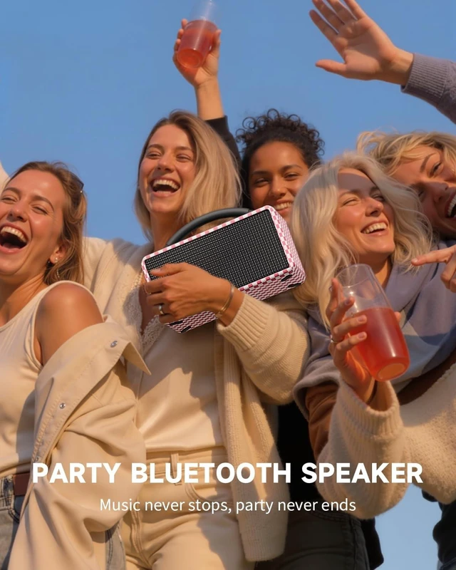 Alt view image 9 of 10 - DINDIN Portable Bluetooth Speaker 80W (Peak), 20H Playtime, Wireless Big Wood Boombox with Deep Bass, Subwoofer, TWS, Large, Loud Speaker for Party, Outdoor, Backyard, Beach, Home,GiftPink+White