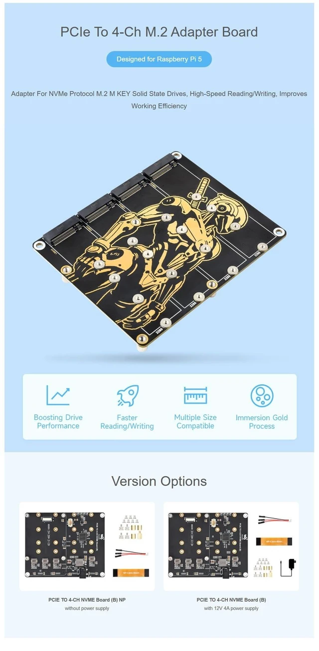 Alt view image 9 of 10 - PCIe to 4-Ch NVMe M.2 Adapter Board for Raspberry Pi 5 ^^ 4-Ch SSD Expansion ^^ Boot Support ^^ 7V-24V Power Input ^^ LED Indicators