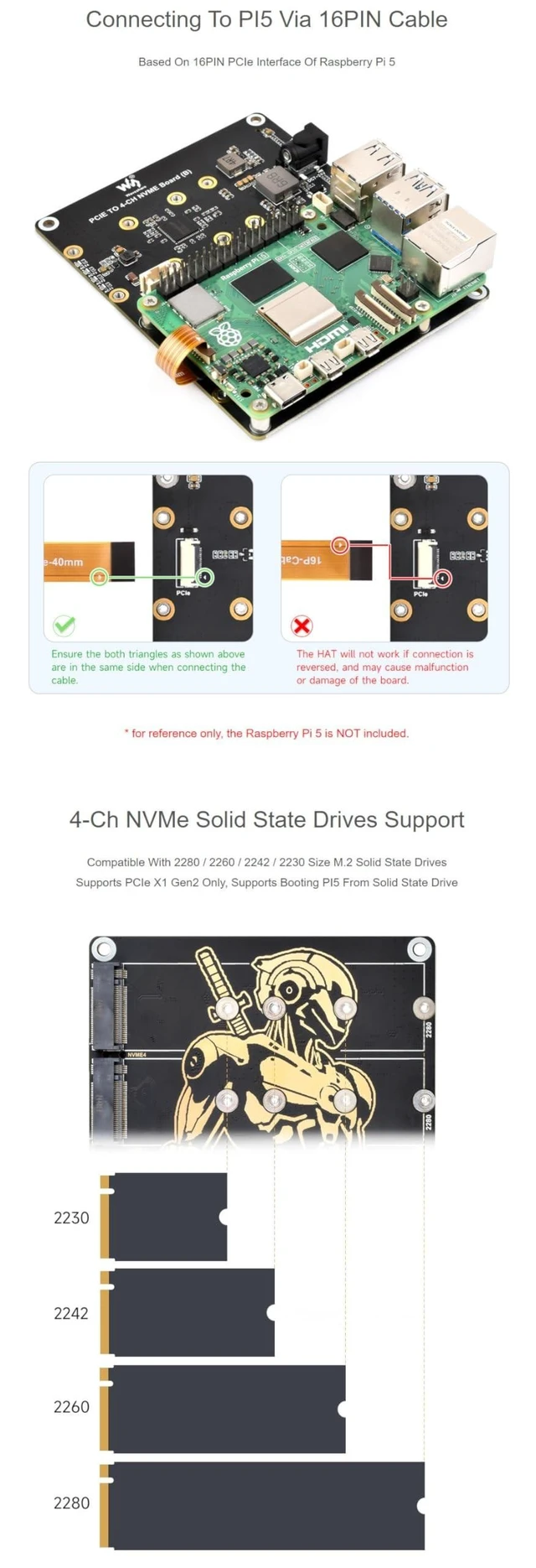 Alt view image 10 of 10 - PCIe to 4-Ch NVMe M.2 Adapter Board for Raspberry Pi 5 ^^ 4-Ch SSD Expansion ^^ Boot Support ^^ 7V-24V Power Input ^^ LED Indicators