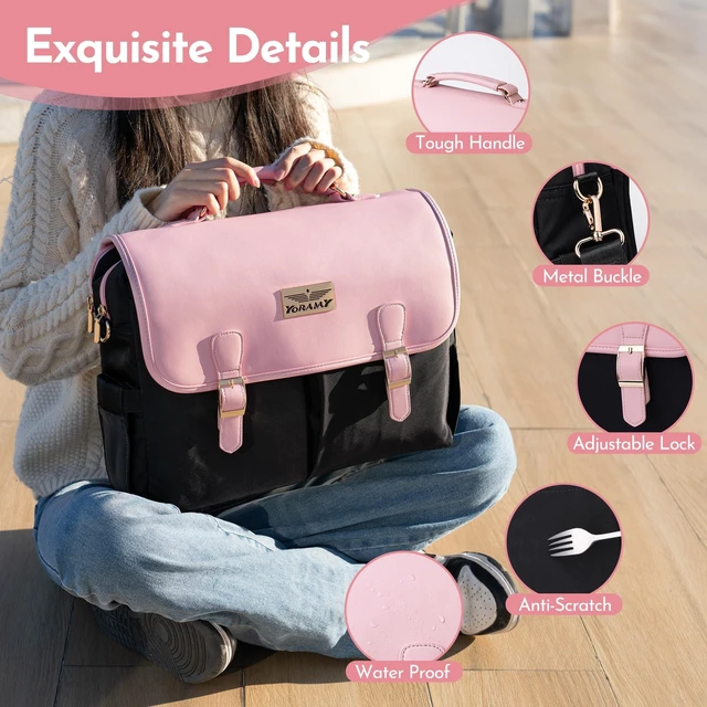 Alt view image 7 of 10 - YORAMY 15.6 Laptop Bag for Women Black Work Tote with Rose Gold Accents Professional Office Briefcase Purse with 17 Pockets Stylish Business Shoulder Bag