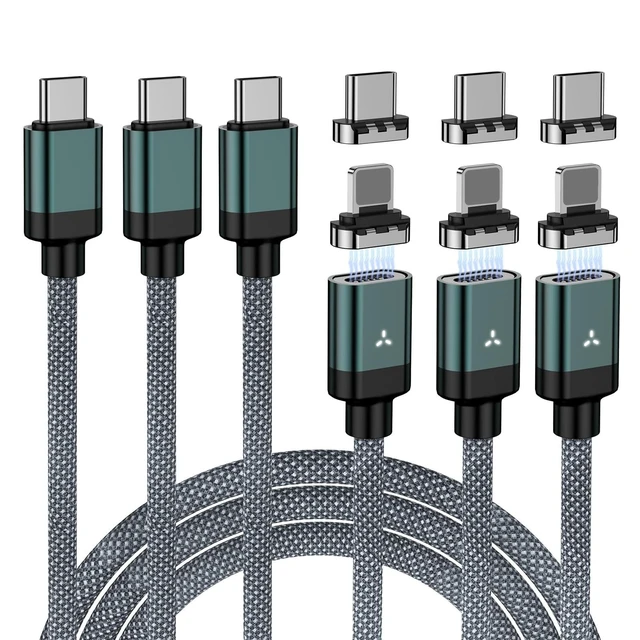 Alt view image 6 of 10 - ZBF 100W USB C Magnetic Charging Cable, 2 in 1 Charger Cable for Type C(3 Pack, 4/6.6/6.6FT) 480Mbps Data Transfer, 5A Fast Charging for Phone 17 16 15,14,13 Pro Max, MacBook Pro,Pad,Galaxy S22,Pixel