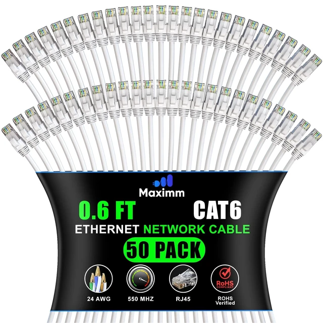 Alt view image 6 of 10 - Maximm Cat 6 Ethernet Cable - 0.6 ft (50-Pack) - High-Speed LAN, Internet, Patch, and Network Cable - UTP, 10Gbps, 550MHz Ethernet Cord - White