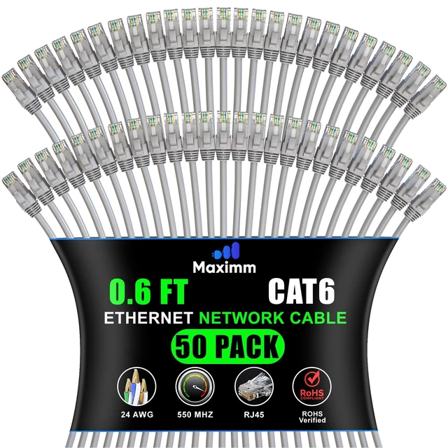 Alt view image 6 of 10 - Maximm Cat 6 Ethernet Cable - 0.6 ft (50-Pack) - High-Speed LAN, Internet, Patch, and Network Cable - UTP, 10Gbps, 550MHz Ethernet Cord - Gray