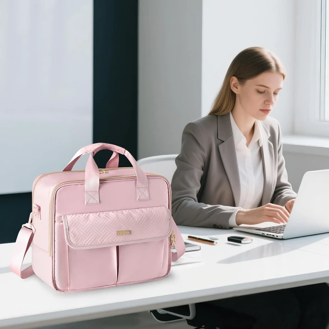 Alt view image 8 of 10 - Prokva Teacher Bag with Accordion File Organizer, 15.6 Inch Laptop Briefcase for Women, Teacher, Tutor, Nurse and Processionals, Pink