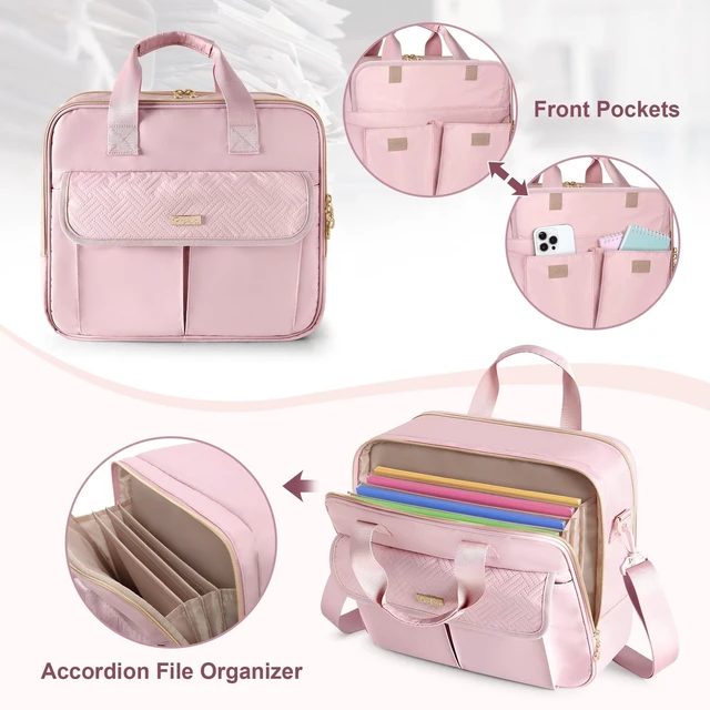 Alt view image 9 of 10 - Prokva Teacher Bag with Accordion File Organizer, 15.6 Inch Laptop Briefcase for Women, Teacher, Tutor, Nurse and Processionals, Pink