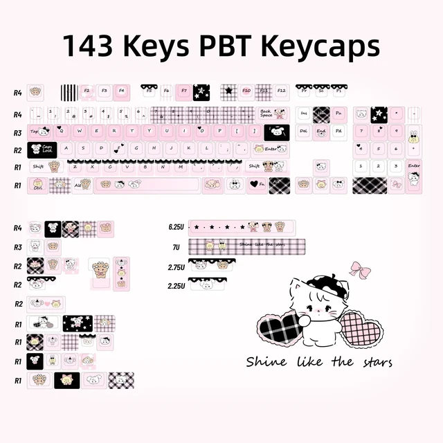 Alt view image 7 of 10 - ZERRIOY Black & Pink Cute Kitty Themed PBT Keycaps 145 Keys - Five-Sided Dye-Sublimation FOA Profile Custom keycap Set fit for Gateron Cherry MX Swithes Mechanical Keyboards