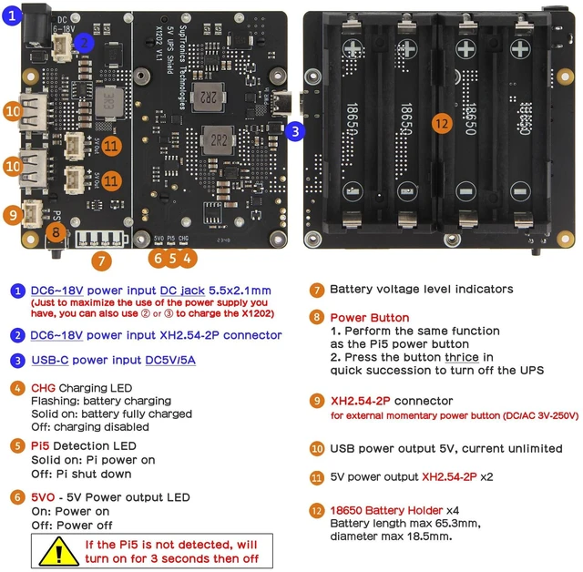 Alt view image 8 of 10 - Geekworm X1202 4-Cell 5V UPS Shiled for Raspberry Pi 5^^ Max 5.1V 5A Output^^Wide 6-18V Input^^Auto Power On^^Safe Shutdown^^Power Loss Detection