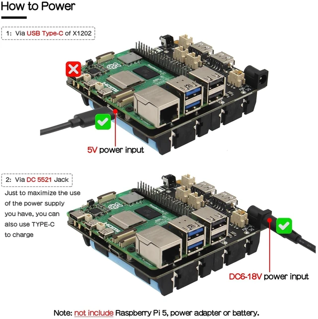 Alt view image 9 of 10 - Geekworm X1202 4-Cell 5V UPS Shiled for Raspberry Pi 5^^ Max 5.1V 5A Output^^Wide 6-18V Input^^Auto Power On^^Safe Shutdown^^Power Loss Detection