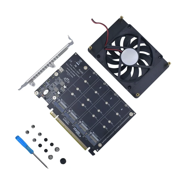 Alt view image 7 of 10 - LetLinkSo M.2 PCIe Adapter x16 Gen4 for 4 Ports M2 SSDs, PCIe M.2 Expansion Card for 4 M.2 2280 2260 2242 2230 NVMe SSDs M Key with Advanced Cooling Ultra Quiet DC Brushless Fan