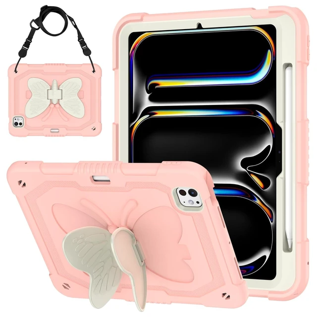 Alt view image 6 of 10 - Case for iPad Pro 11 Inch 2024 (5th Gen), Cute Butterfly Cartoon Silicone Kickstand Shockproof Protection Cover with Strap for iPad Pro 11-inch M4 Case for Kids Boy Girl Gift (Pink)