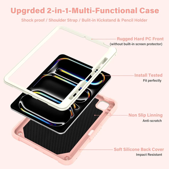 Alt view image 8 of 10 - Case for iPad Pro 11 Inch 2024 (5th Gen), Cute Butterfly Cartoon Silicone Kickstand Shockproof Protection Cover with Strap for iPad Pro 11-inch M4 Case for Kids Boy Girl Gift (Pink)