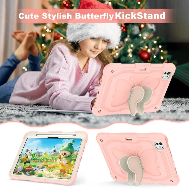 Alt view image 9 of 10 - Case for iPad Pro 11 Inch 2024 (5th Gen), Cute Butterfly Cartoon Silicone Kickstand Shockproof Protection Cover with Strap for iPad Pro 11-inch M4 Case for Kids Boy Girl Gift (Pink)