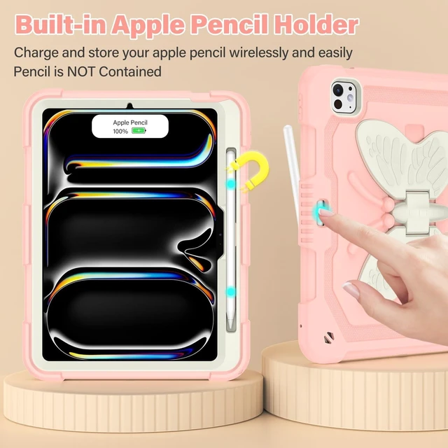 Alt view image 10 of 10 - Case for iPad Pro 11 Inch 2024 (5th Gen), Cute Butterfly Cartoon Silicone Kickstand Shockproof Protection Cover with Strap for iPad Pro 11-inch M4 Case for Kids Boy Girl Gift (Pink)
