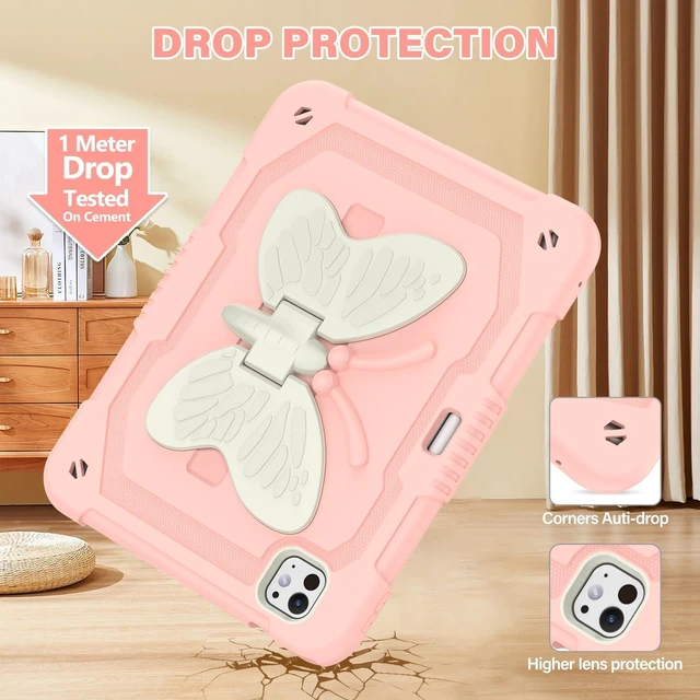 Alt view image 7 of 10 - Case for iPad Pro 11 Inch 2024 (5th Gen), Cute Butterfly Cartoon Silicone Kickstand Shockproof Protection Cover with Strap for iPad Pro 11-inch M4 Case for Kids Boy Girl Gift (Pink)