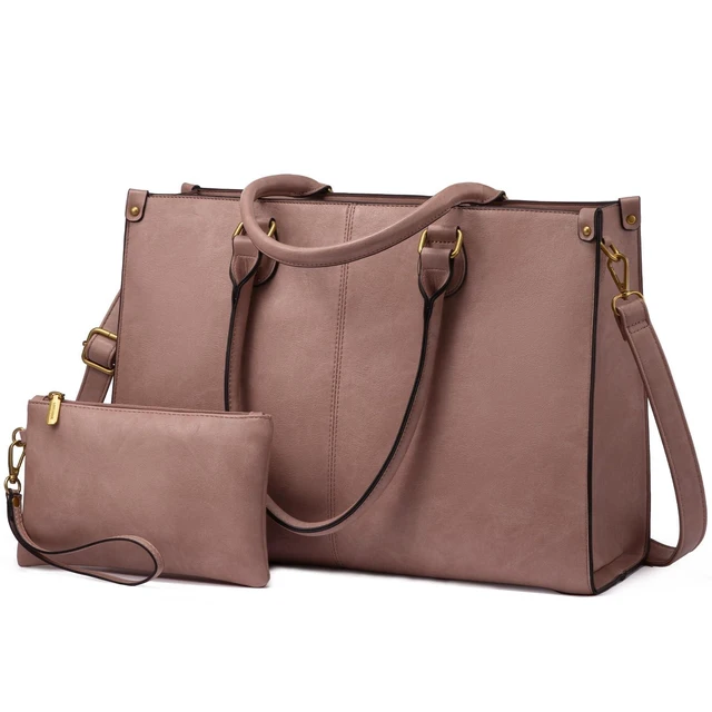 Alt view image 6 of 10 - LOVEVOOK Laptop Tote Bag for Women, 15.6 Inch Large Capacity Vintage Leather Work Computer Bag, Business Casual Shoulder Handbag, Lotus Pink