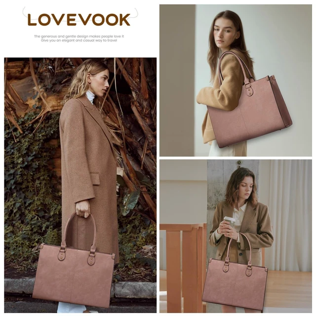 Alt view image 7 of 10 - LOVEVOOK Laptop Tote Bag for Women, 15.6 Inch Large Capacity Vintage Leather Work Computer Bag, Business Casual Shoulder Handbag, Lotus Pink