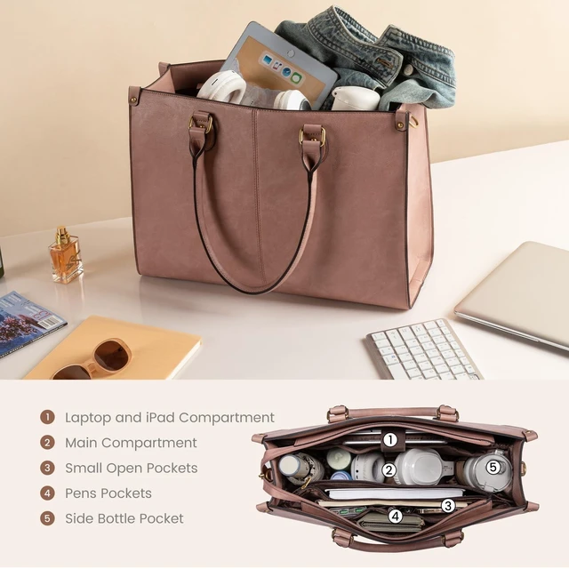 Alt view image 9 of 10 - LOVEVOOK Laptop Tote Bag for Women, 15.6 Inch Large Capacity Vintage Leather Work Computer Bag, Business Casual Shoulder Handbag, Lotus Pink